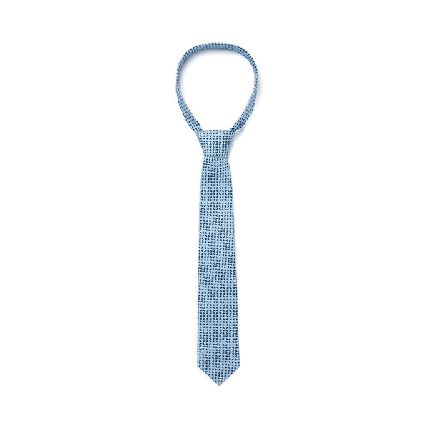 A men's necktie made of silk, showcasing a subtle blue and white pattern.