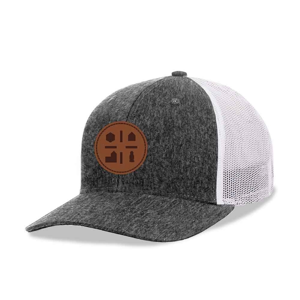 Charcoal grey structured front, white mesh back and a brown leather patch on the front with the iconic Catan logo, showcasing the hex, city, roads, settlement, and Robber symbols.