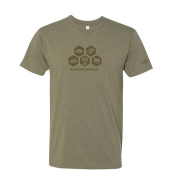 Catan Resource Management Tee with resource images in a hex design