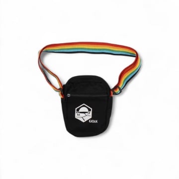 black crossbody bag with rainbow colored stripe strap and Catan logo on front pocket