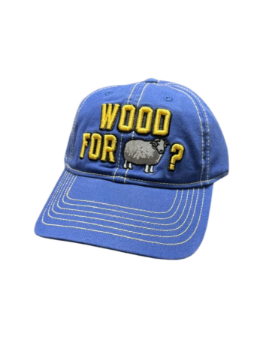 blue unstructured, low-profile hat with embroidered "Wood for Sheep" decoration