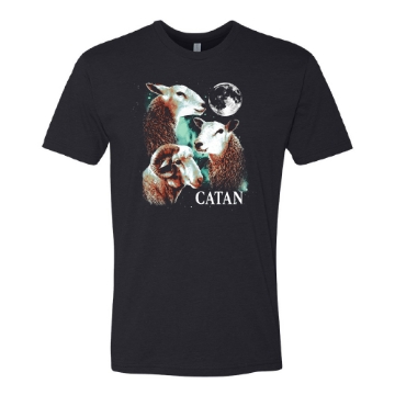 CATAN sheep moon graphic t-shirt in black featuring three sheep and full moon