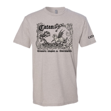 CATAN Have Ye Wool t-shirt with fantasy dragon artwork and vintage scroll frame on heather fabric