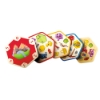 Fanned-out Spot It! CATAN hex cards highlighting symbols like dice, wool, gold, tools, and buildings.