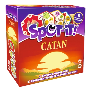 Spot It! CATAN game box featuring CATAN-themed matching cards and bright sunset design