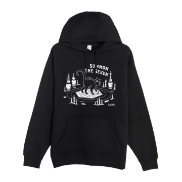 Black hoodie with “Summon the Seven” CATAN graphic featuring a black cat and bold white design