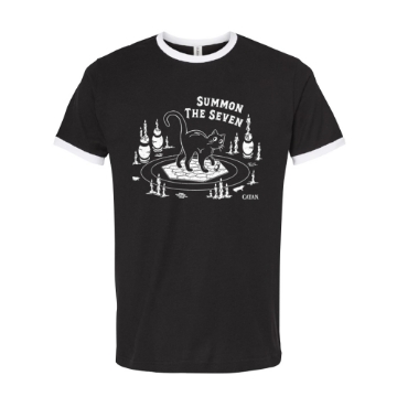 Black ringer T-shirt with white trim and “Summon the Seven” CATAN graphic featuring a black cat design