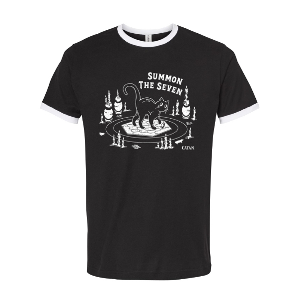 Black ringer T-shirt with white trim and “Summon the Seven” CATAN graphic featuring a black cat design