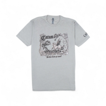 CATAN Have Ye Wool t-shirt with fantasy dragon artwork and vintage scroll frame on heather fabric