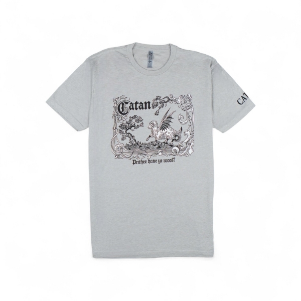 CATAN Have Ye Wool t-shirt with fantasy dragon artwork and vintage scroll frame on heather fabric