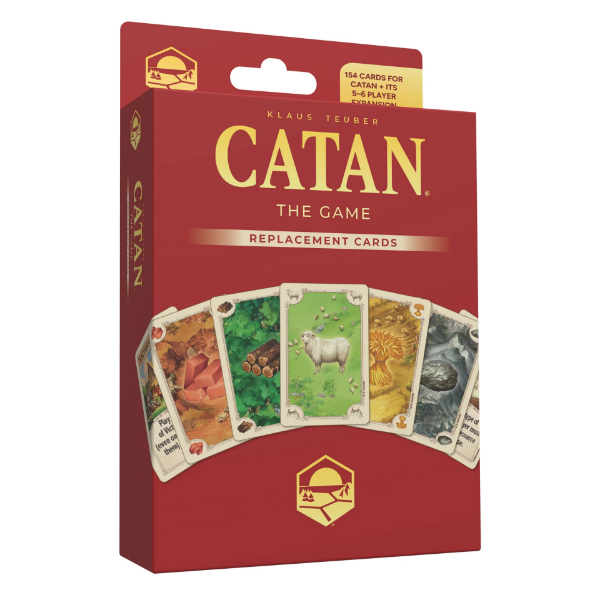 Front view of the "Catan: The Game Replacement Cards" box. The red packaging features the Catan logo with a gold banner reading “Replacement Cards.” The bottom displays illustrations of the five resource cards—brick, wood, sheep, wheat, and ore—arranged in an arc.