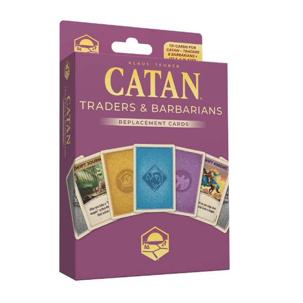 Angled front view of the “Catan: Traders & Barbarians Replacement Cards” box. The purple packaging features the Catan logo with “Replacement Cards” in gold. The lower section displays a fan of colorful cards, including designs in yellow, blue, and purple backs, and visible cards like “Swift Journey” and “Swift Knight.”
