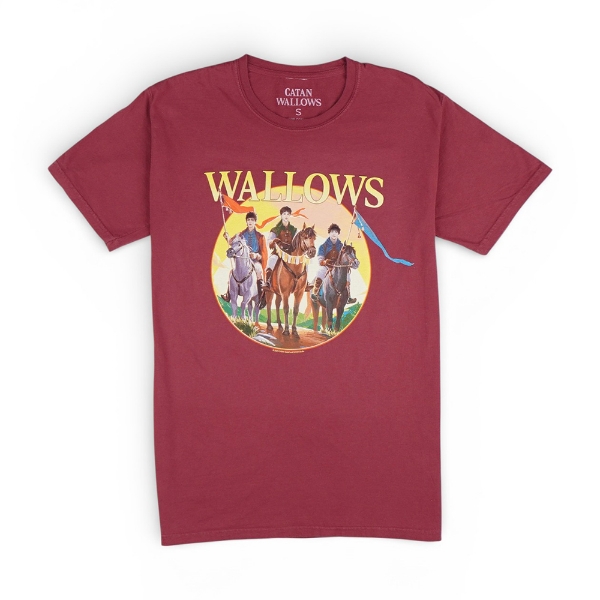 Wallows × CATAN Tee: maroon shirt with band illustrated as CATAN ‘Largest Army’ card.