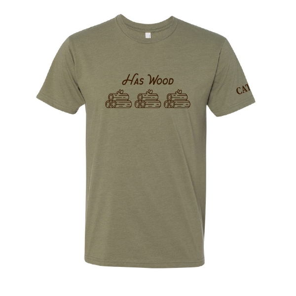 CATAN Has Wood t‑shirt with stacked wood log graphic