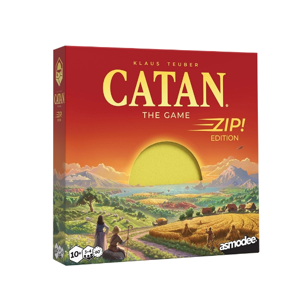 Catan The Game Zip Edition retail box with sunrise artwork and round cutout showing the compact board inside.