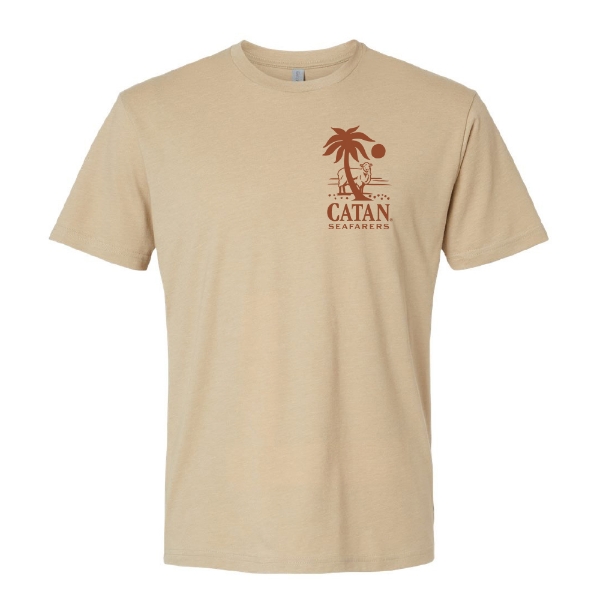 Front view of tan CATAN Seafarers t-shirt with small island and palm tree logo printed on the left chest